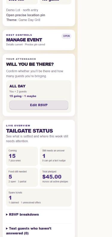 Host overview showing attendance, plus-ones, unanswered RSVPs, food gaps, pledges, and spare tickets.